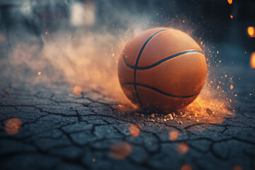 Fototapeta premium Basketball bounces on cracked ground sending dust flying in an urban setting during twilight hours