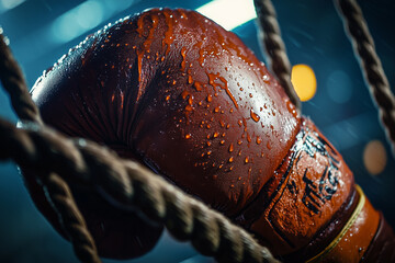 Sweat drenched boxing gloves rest against ropes in training facility after an intense workout session in the evening