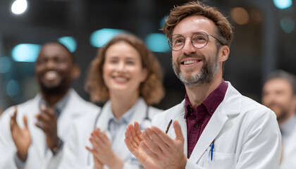 Medical professionals applauding success at seminar. Happy doctors in white coats at conference. Doctors meeting, celebrating victory. Teamwork, education and healthcare, medicine theme.