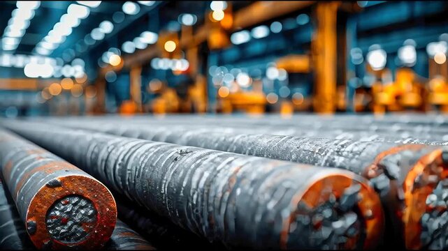 High-detail view of industrial metal rods with glowing orange and black surfaces, arranged in rows inside a factory with blurred lights in the background