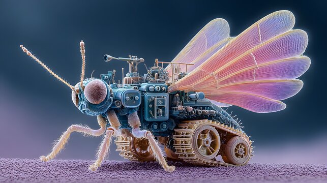 19h electronic microscope photography of a tiny vehicle from an alien civilization, with wings and tank treads, cute, stylish