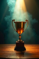 Abstract of golden trophy with dramatic lighting and smoke effects for achievement celebration