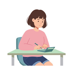 Young girl studying and using calculator while sitting at desk  