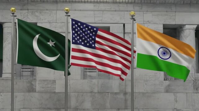Pakistan USA India flags waving together 