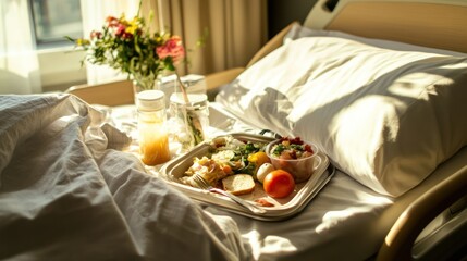 Hospital meal tray on bed