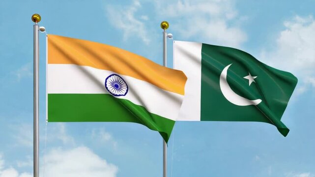 India and Pakistan flags waving together outdoor