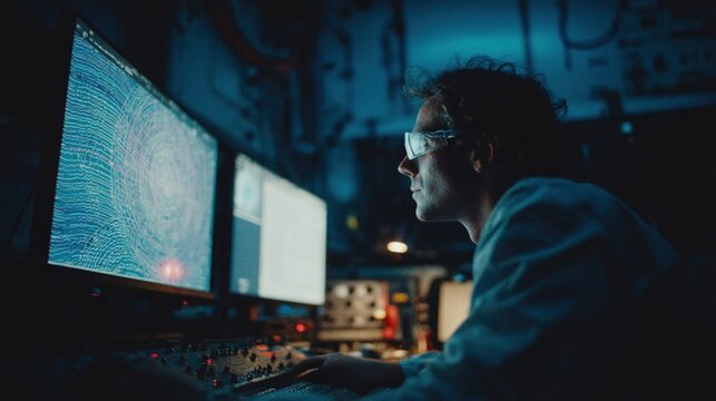 An image of a researcher adjusting the parameters on a computer console connected to sensors monitoring the lifeboat models stability and performance during the test.