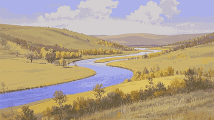 Verdant Flow Quiet river valley scenery isolated watercolor vector illustration svg