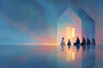 This artwork depicts a group of people sitting in a small chapel, engaged in prayer. The peaceful atmosphere and intimate setting create a sense of devotion and spirituality.