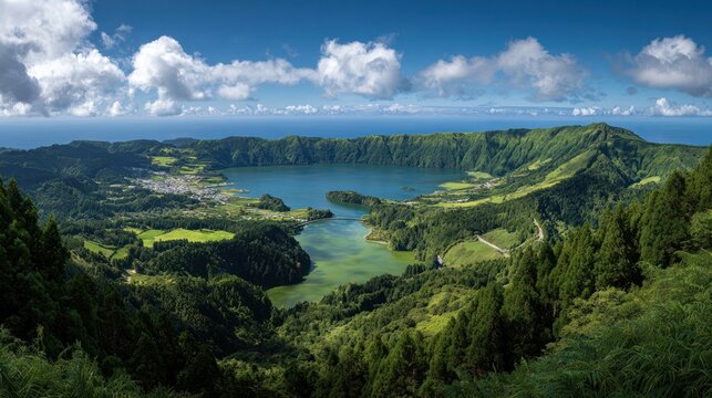 Panoramic landscape featuring volcanic crater lakes, lush greenery, and a distant ocean view