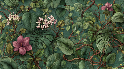 Fototapeta premium Lush Tropical Floral Illustration Exotic Plants and Flowers