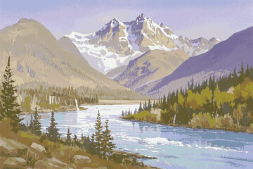 Mountain Mist Quiet river valley scenery isolated watercolor vector illustration svg