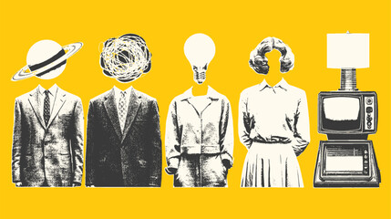 Surreal vintage set of businessman, television, lamp, planet, and brain elements. Abstract vector illustration with retro style and yellow background.