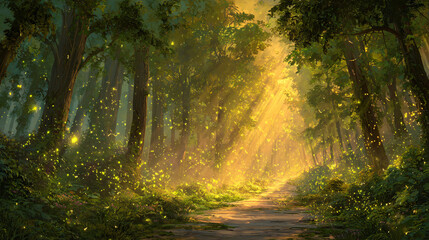Obraz premium Enchanted Forest Path Magical Sunlight & Fireflies
