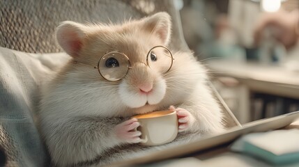 A plump cream hamster wearing small round glasses reclines in a modern mesh chair, holding a teacup in both paws, staring intently at a bright tablet screen, soft studio ambient lighting