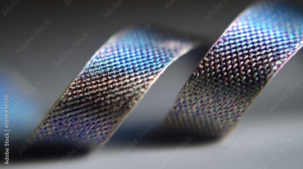 Poster close up view of a graphene ribbon spinner, highlighting its iridescent surface texture and the comp