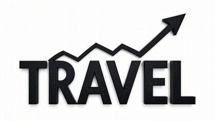 Travel word design with an upward arrow, symbolizing growth in tourism and vacation planning.