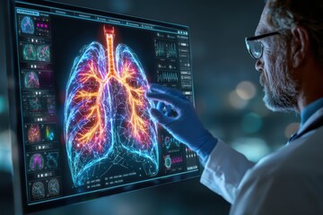 A man, identified as a pulmonologist, is carefully reviewing a lung scan on his computer screen. The image of human lungs can be seen on the screen