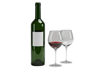 Isolated Wine Bottle with Red Wine and Two Empty Glasses
