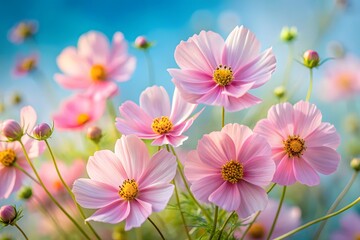A cluster of delicate pink cosmos flowers with bright yellow centers bloom vibrantly against a soft, blurred blue sky background