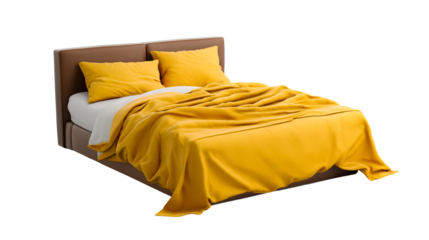 Modern bed with yellow blanket and pillows on transparent background