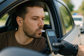 Close-up of driver undergoing sobriety test with breathalyzer device during daylight traffic stop