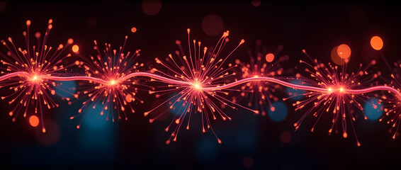 Fototapeta premium ligne ondulée festive effet guirlande de noël (rose, doré) ou feu d'artifice isolé sur fond bleu| format carte de voeux