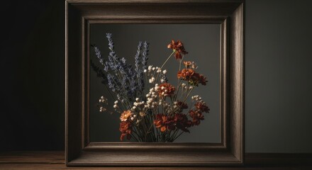 Decorative Floral Arrangement Inside Wooden Frame on Dark Background