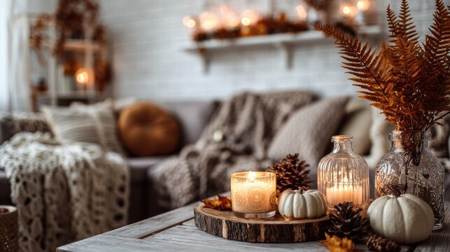 Cozy autumnal living room decor with candles and pumpkins.