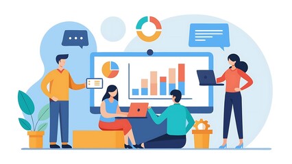 Team Analyzing Data and Charts Together in a Modern Office Setting Illustration