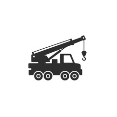 Crane truck silhouette with extended arm and hook  