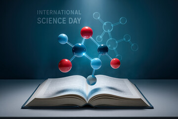 Molecular Model Rising From Open Book For International Science Day