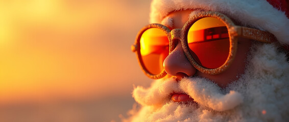 Portrait en gros plan du père noel avec des lunettes de soleil et son reflet coucher de soleil. ambiance cool bord de mer  
