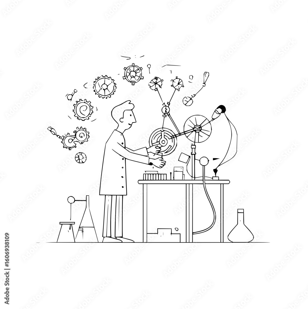 Poster a scientist in a lab coat interacts with a complex machine featuring gears and various scientific to
