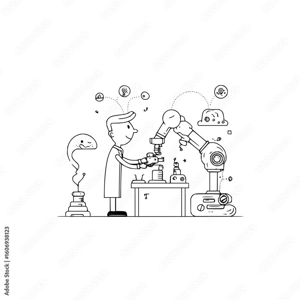 Poster scientist working with a robot arm and microscope in a lab with floating thought bubbles and a creat