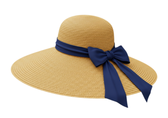 Isolated Summer Straw Hat with Navy Blue Ribbon