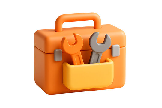 Bright orange toolbox with two wrenches, symbolizing repair, maintenance, and DIY projects, perfect for construction or service industries.
