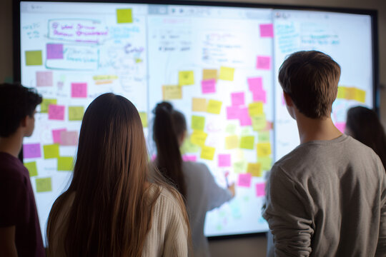 Students engaged in collaborative brainstorming on a digital whiteboard during a classroom session in a modern learning environment