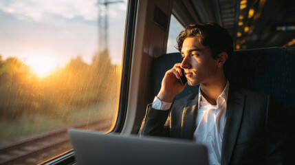 Young businessman on a train making a phone call, with a laptop open and a beautiful sunset visible outside the window, illustrating modern work and travel
