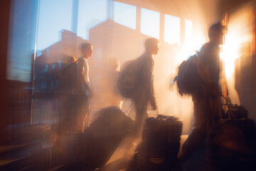 Freshmen carrying luggage enter campus building during orientation in early autumn afternoon light