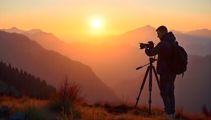 Photographer making a shot on a sunset in the mountains while standing on a ridge with a scenic view, capturing the golden light over the landscape