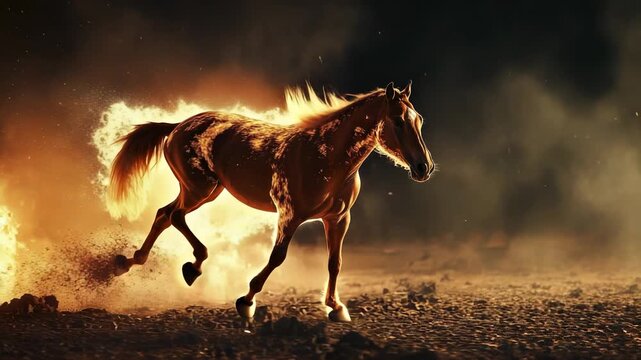 A horse runs across a darkened terrain surrounded by flames and smoke, with light reflecting off its body, creating a dramatic contrast between fire and shadow.