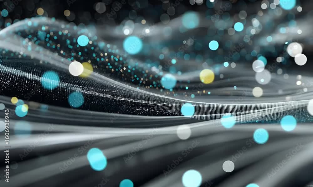 Poster fluid particles flowing across dark background with blue and white bokeh lights and shiny texture dy