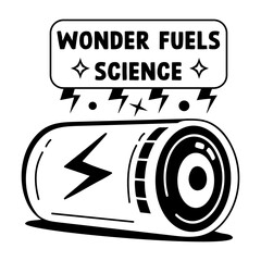 Battery cell with wonder fuels science text, glyph style sticker 

