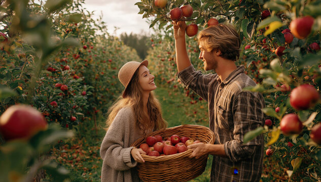 A smiling couple is picking apples in a vibrant orchard, with a basket full of red apples, capturing the essence of autumn harvest and romantic togetherness