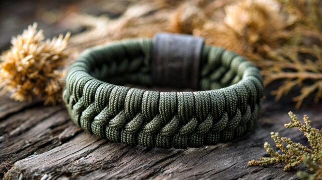 Close-up of a green braided paracord survival bracelet with a metal clasp, resting on a weathered wooden surface, ideal for outdoor, adventure, and preparedness themes