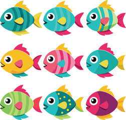 Fototapeta premium Nine colorful cartoon fish with stripes and dots illustration
