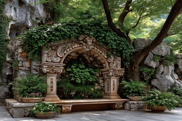 Ancient stone arch covered with greenery high resolution picture