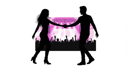 Couple dancing together at concert with enthusiastic audience behind on music festival date.  