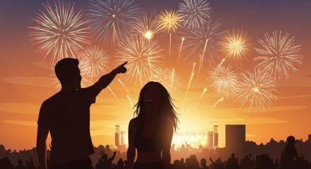 Music festival date. Couple watching fireworks display during summer festival at sunset  